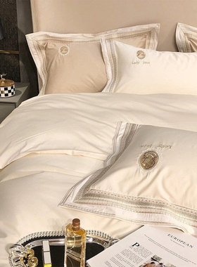 日本GP高端轻奢纯棉床笠四件套简约刺绣1.2被套床单全棉床上用品