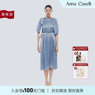 流光燈籠袖 ANNA 安娜凱瑟莉新款 高腰氣質(zhì)通勤款 CASELLI 連衣裙女