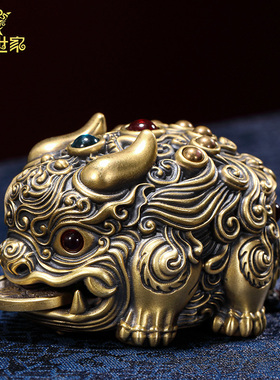 大铜世家黄铜手把件盘玩双头貔貅鎏金创意汽车挂件男女转钱送礼品