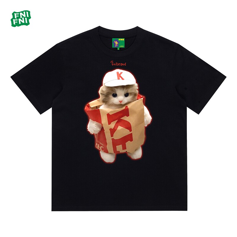 FNI绿标K记快餐小猫美式圆领短袖t恤重磅纯棉男女夏季新款直�