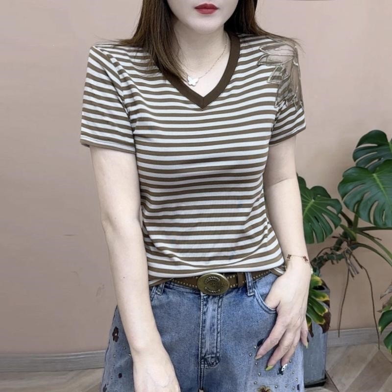 纯棉短袖T恤女薄款夏季韩版宽松显瘦打底衫百搭V领条纹短袖上衣a7