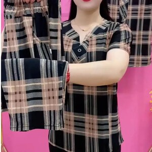 夏季剪刀领大格子休闲时尚显瘦洋气百搭女士减龄宽松短袖套装a4