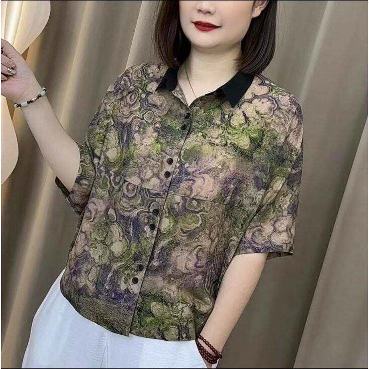 ~聚光点女装蝙蝠袖时尚碎花短袖衬衫女显瘦宽松小衫夏季百搭上a7
