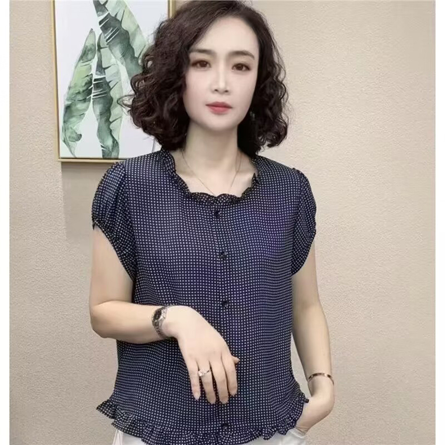 恒清女装木耳边格子短袖衬衫夏季女士款洋气减龄衬衣百搭显瘦上a5