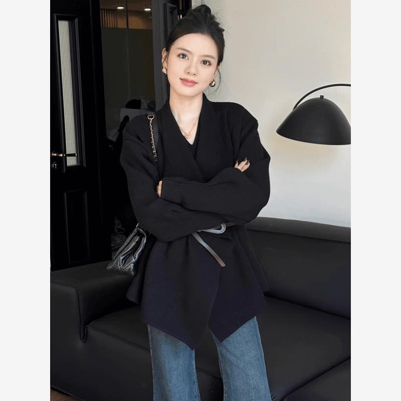 收腰气质中长款毛衣外套女御姐秋冬款赫本风宽松显瘦翻领针织开衫