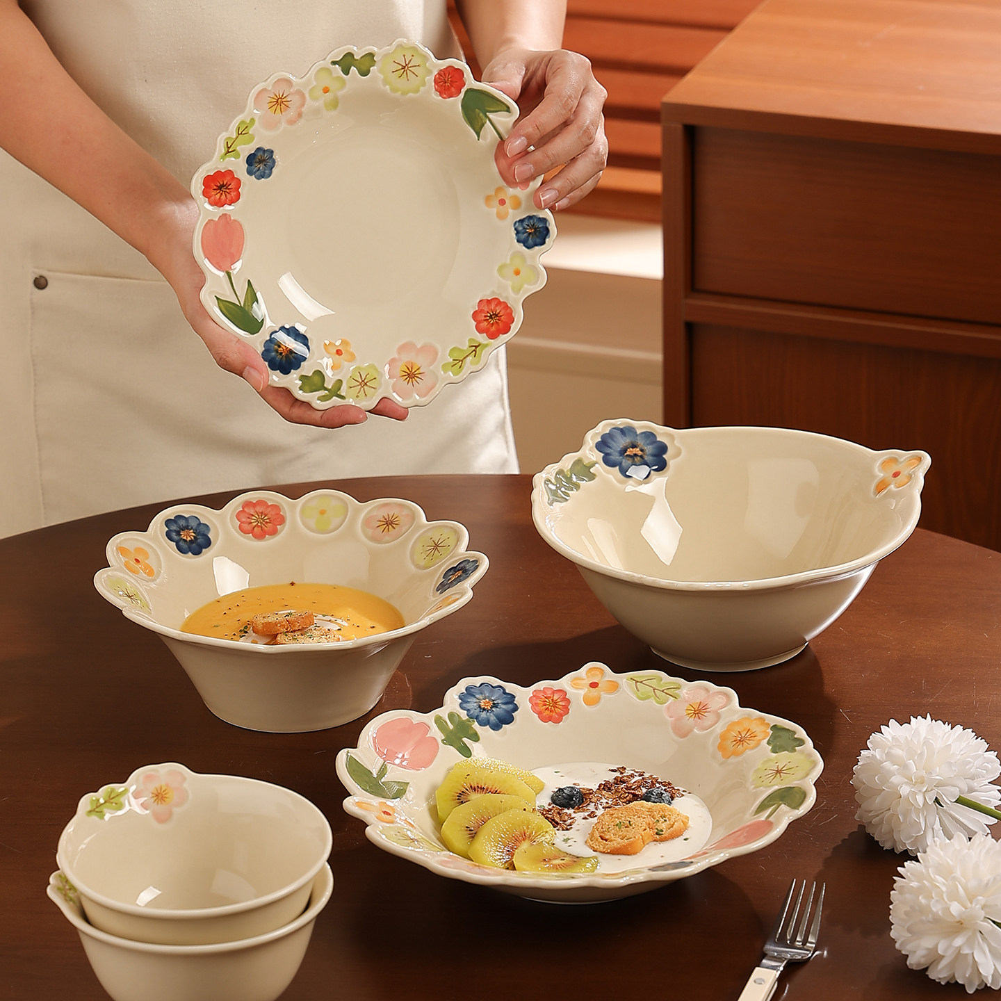 手绘釉下彩陶瓷沙拉水果盘甜品盘意面盘草帽盘日式复古汤面碗饭碗