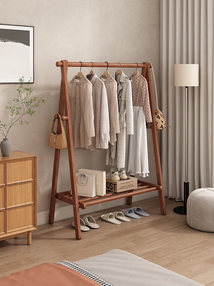 可折叠实木衣帽架落地家用挂衣架卧室房间榉木质晾衣服架室内简易