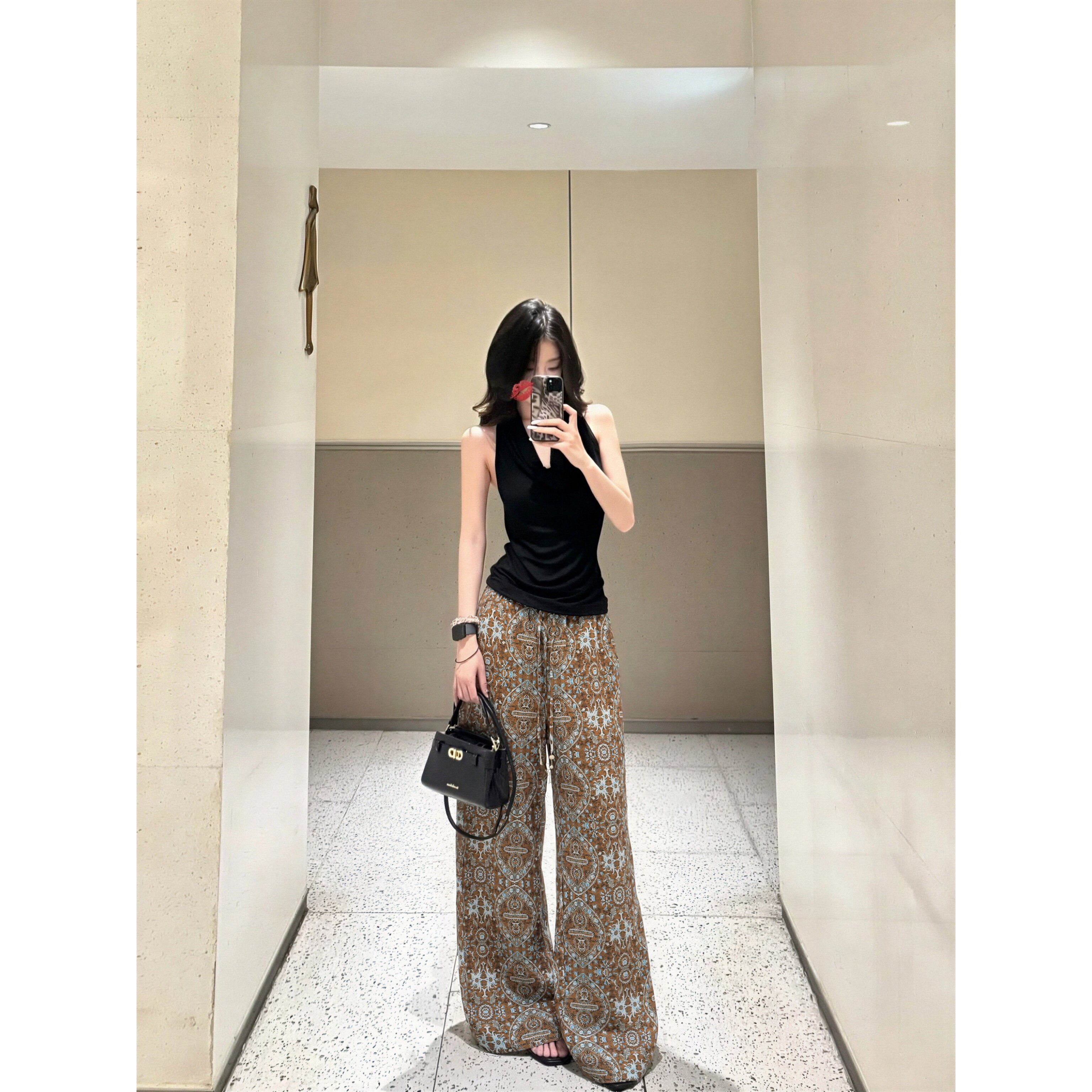 夏季老钱风天丝冰丝高腰女裤