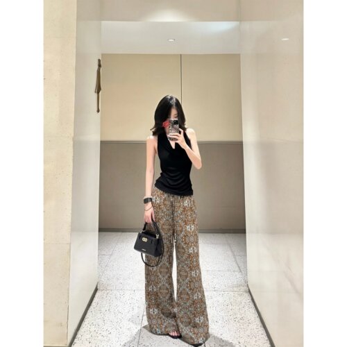 夏季老钱风天丝冰丝高腰女裤