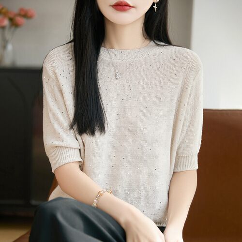 2026春夏新款精纺羊毛衫针织短袖女圆领亮片T恤宽松半袖打底毛衣
