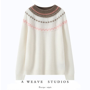 女 针织衫 高奢费尔岛邂逅 氛围感100%纯山羊绒提花复古圆领长袖