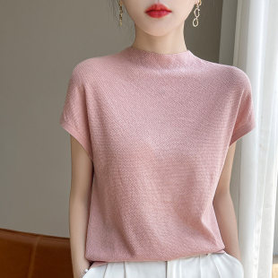 t恤无袖 尽显优雅 薄修身 女26年夏季 洋气好看 半高领天丝针织短袖