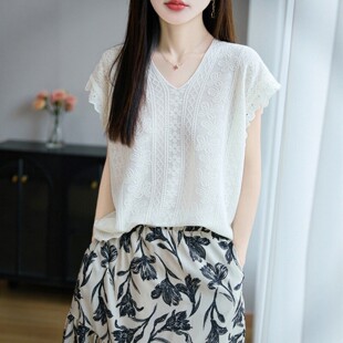 针织半袖 女V领莱赛尔天丝薄款 宽松高级感钩花T恤上衣 短袖 26夏新款