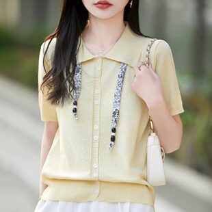 女宽松精纺羊毛针织上衣宽松半袖 T恤打底 POLO领丝巾短袖 2026夏季