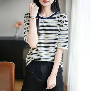 春夏新款 遮肉显瘦半袖 圆领条纹中袖 女薄款 t恤上衣 针织衫 条纹不败