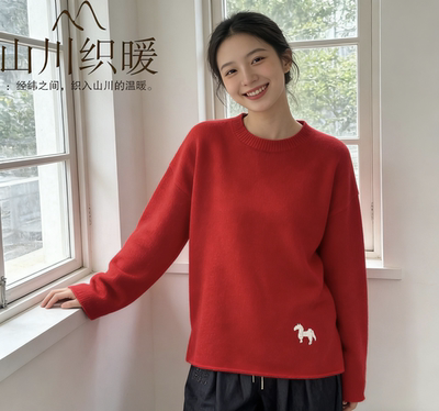 马年本命年红色100%山羊绒衫女秋冬圆领套头毛衣慵懒宽松针织衫