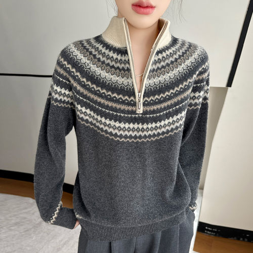 2026新款费尔岛半拉链半高领100%纯羊毛衫女秋冬加厚宽松打底毛衣