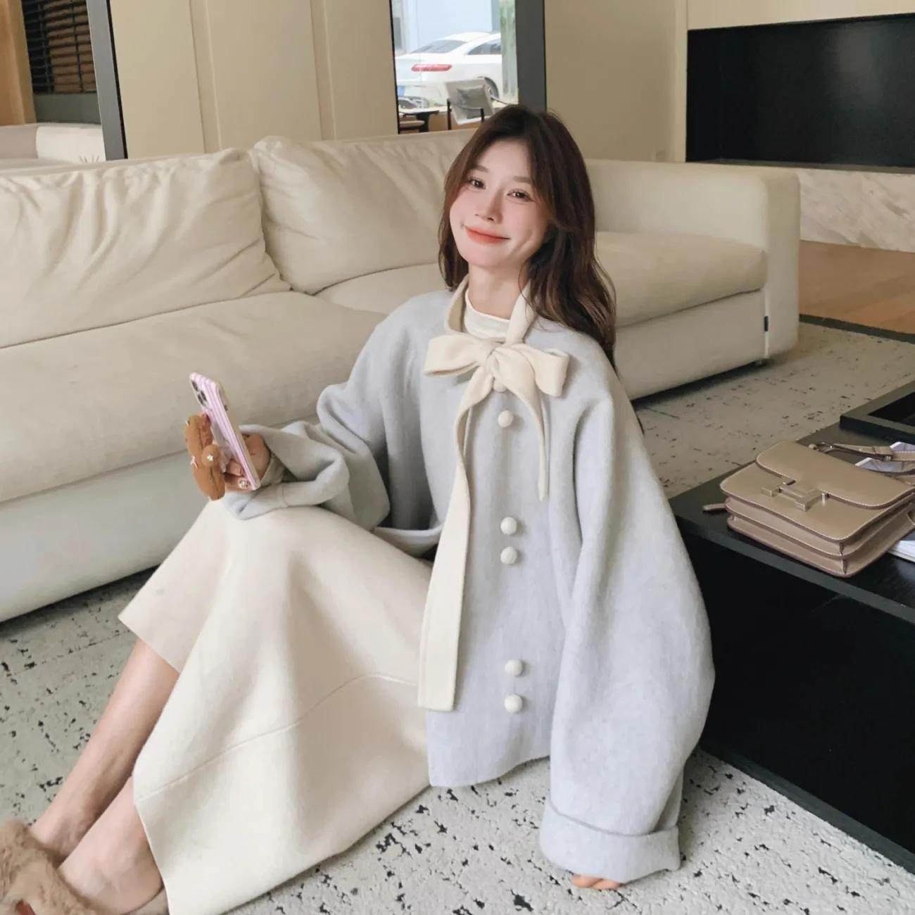 减龄厚毛呢外套女冬季小个子显瘦时尚短款毛呢上衣+中长裙子套装