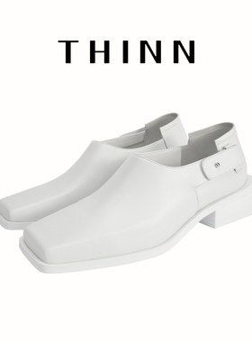 博主同款 THINN【components】系列 时尚方头白色粗跟套脚浅口鞋