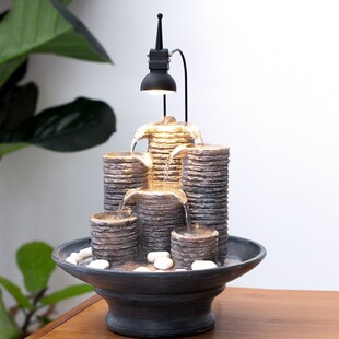 新中式树脂流水摆件客厅茶几装饰品带灯叠层塔式托盘摆件