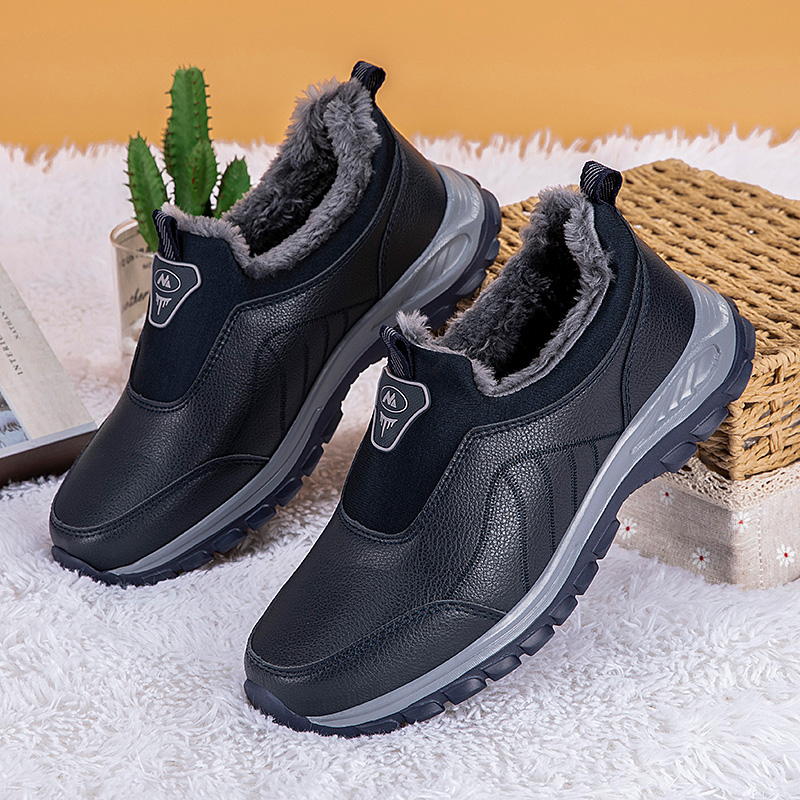 足立老人鞋男冬季加绒一脚蹬棉鞋