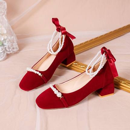 红色高跟婚鞋禾秀婚纱两穿女2023年新款粗跟不累脚中式新娘敬酒鞋