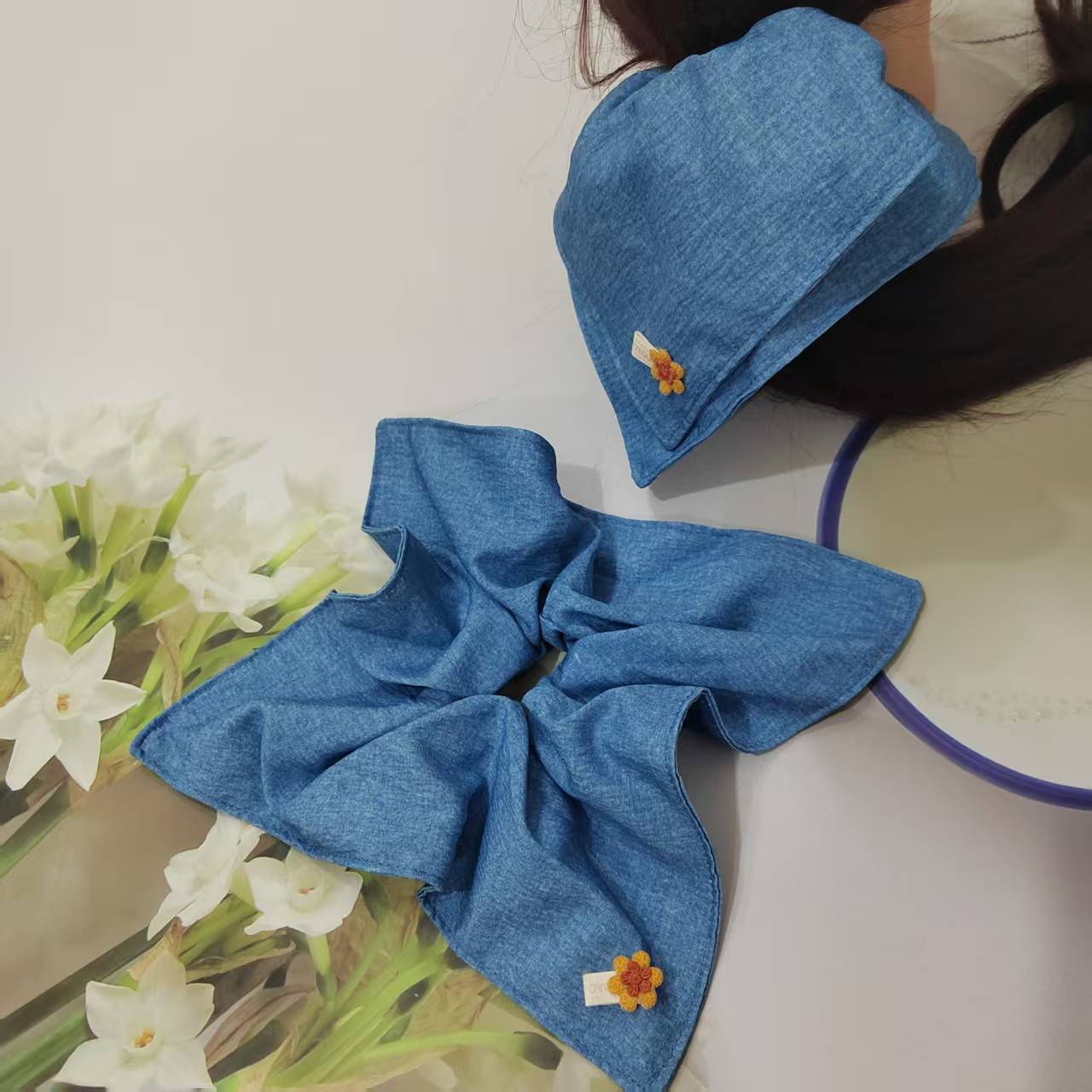 韩版大肠发圈牛仔布艺方巾复古发饰百搭气质简约风头绳扎头发发绳