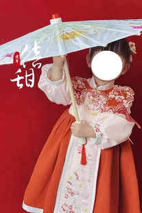 汉服抓周服春秋款 明制女童红色云肩两件套连衣裙