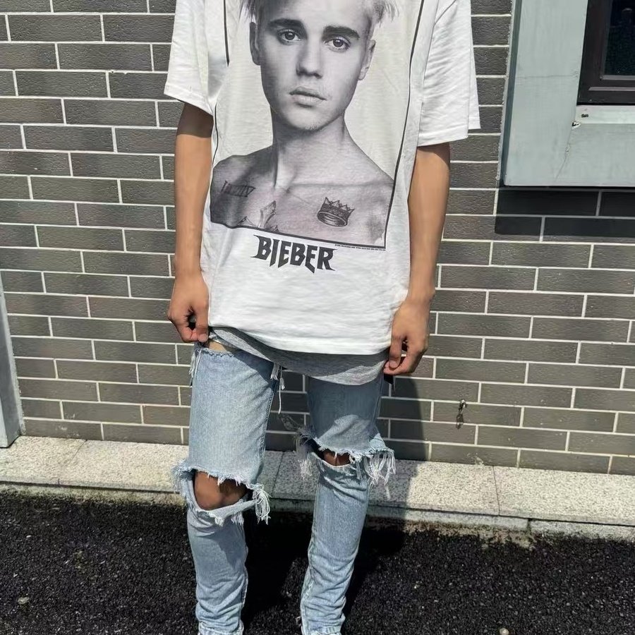 【六月特价】明亮叔比伯JustinBieber人像印花短袖T恤直喷圆筒布