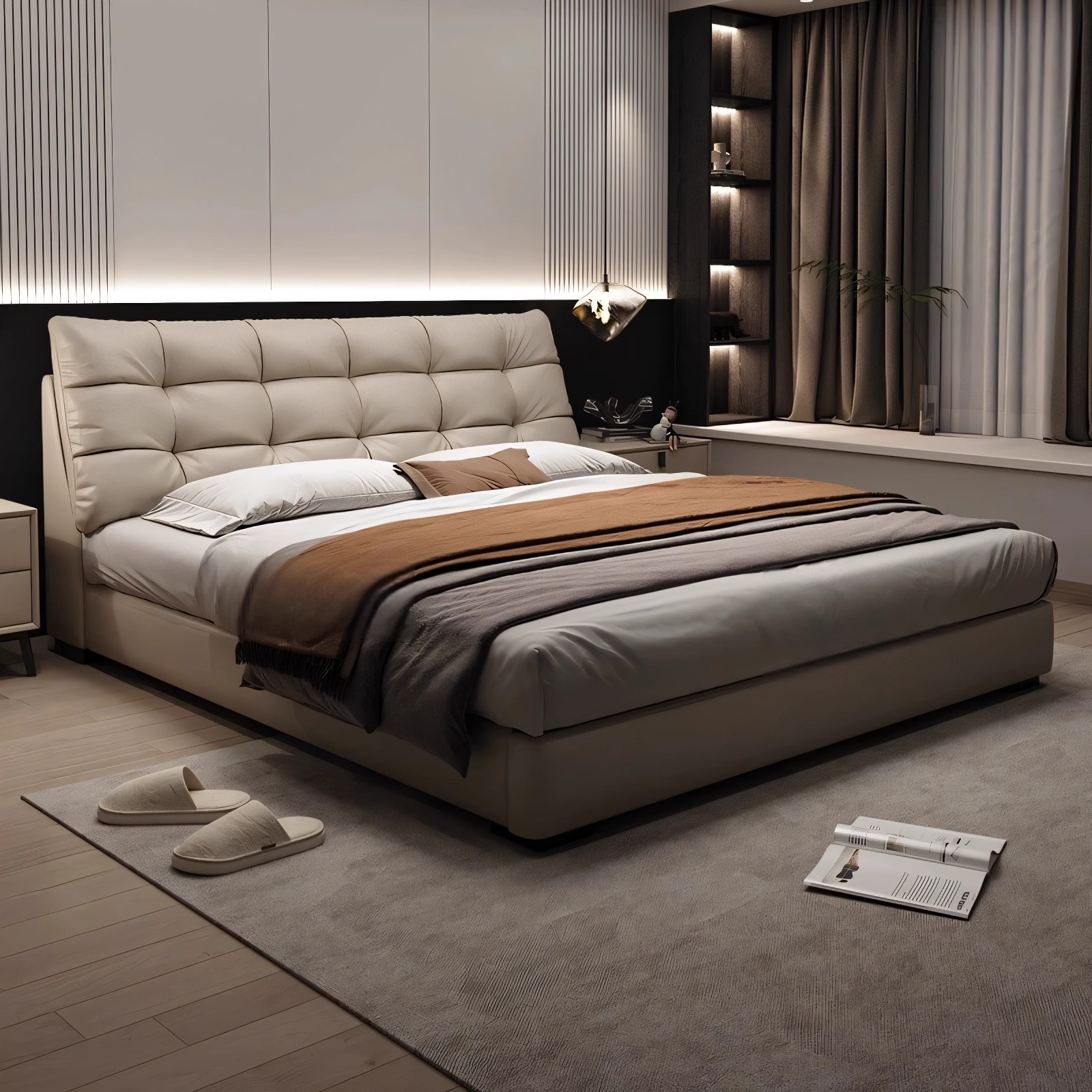 大黑熊皮床主次卧真皮床现代简约储物高箱婚床双人床1.8米软包床