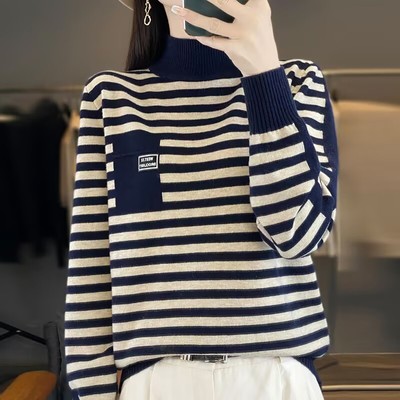 名佳怡女装法式轻奢条纹毛衣秋冬女士高领套头打底衫洋派翻领上衣