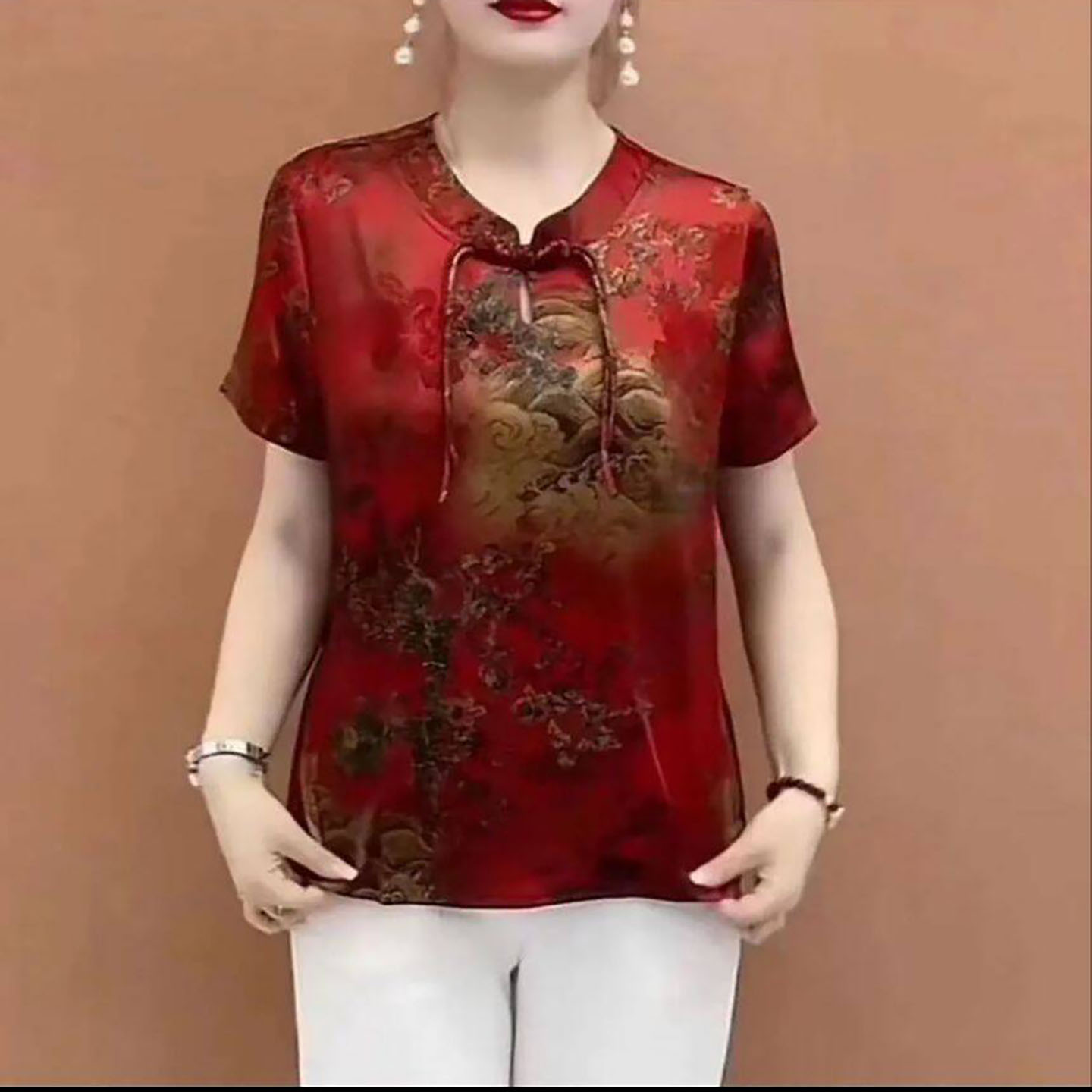 约柳女装新中式国风妈妈装夏季女士高档小衫中老年缎面印花奶奶a3