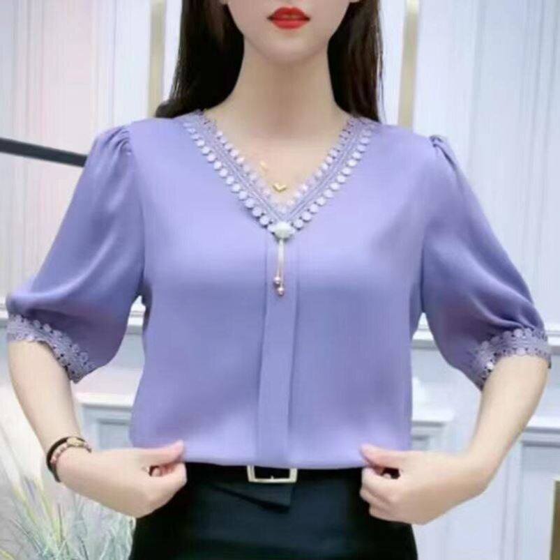 @叙溪约女装蕾丝拼接雪纺衫夏季女高档短袖衬衫2026新款小衫上a8