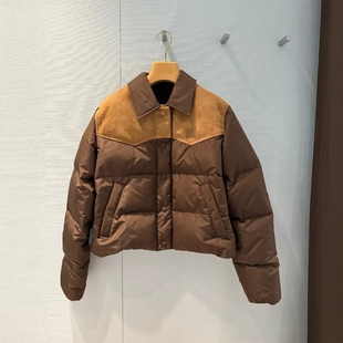 南油高定25秋冬新品字母徽标复古风麂皮拼接外套单排扣短款羽绒服