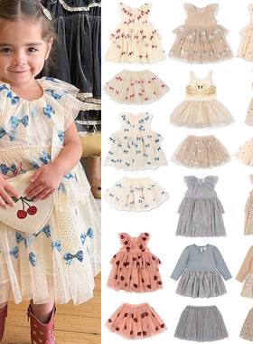 2025春上新女童kongs同款网纱烫金星星亮片樱桃天鹅长袖连衣舞裙