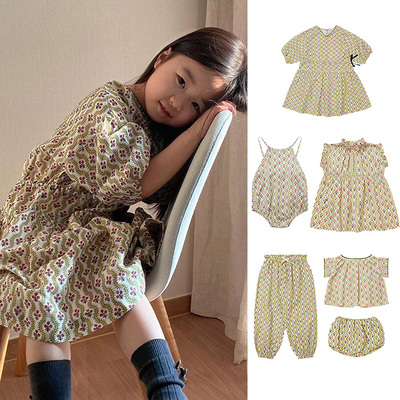 2022女童棉麻田园小花连衣裙吊带