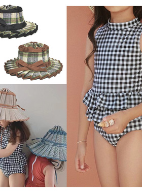 2022夏季婴幼女童宝宝格子花边连体泳衣UPF50防晒lorna短檐草帽