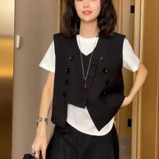 女 马夹短外套新款 设计感早春不规则双排扣西装 马甲女百搭叠穿短款