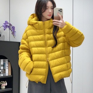 白鸭绒黄色羽绒服女短款2025冬季新款韩版排骨显瘦连帽轻薄外套