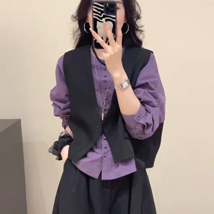 V领不规则西装 韩系设计感宽松百搭叠穿马夹上衣 马甲女2025秋新款