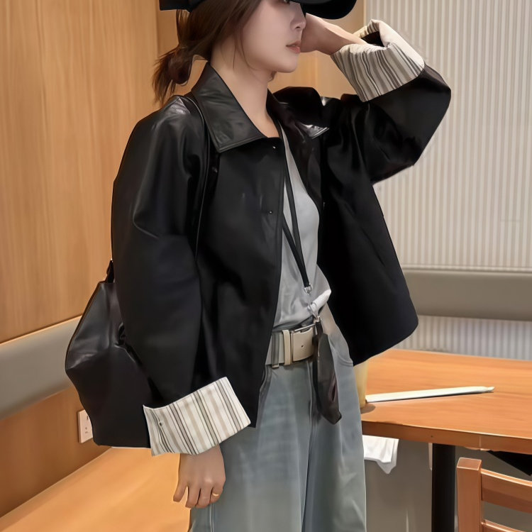 撞色休闲皮衣外套女春季2025新款黑色高级感夹克经典款开春洋气,女装/女士精品,皮衣,淘宝优惠券,粉丝福利购,淘宝优惠卷