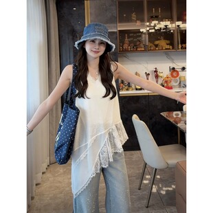 大码女装法式v领斜边蕾丝白色吊带背心新款坎肩外搭叠穿无袖上衣