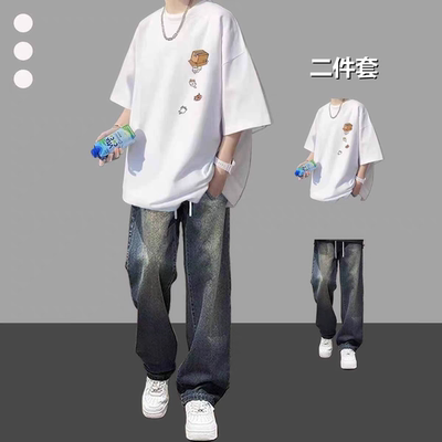 夏季短袖搭配潮牌时尚牛仔裤套装