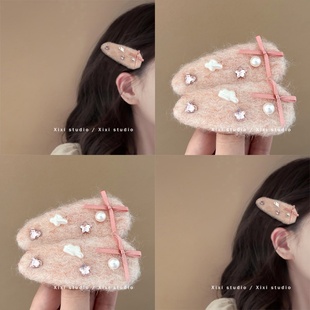 甜美粉色水钻蝴蝶结发夹子冬季高颜值毛绒发卡百搭侧边夹可爱发饰