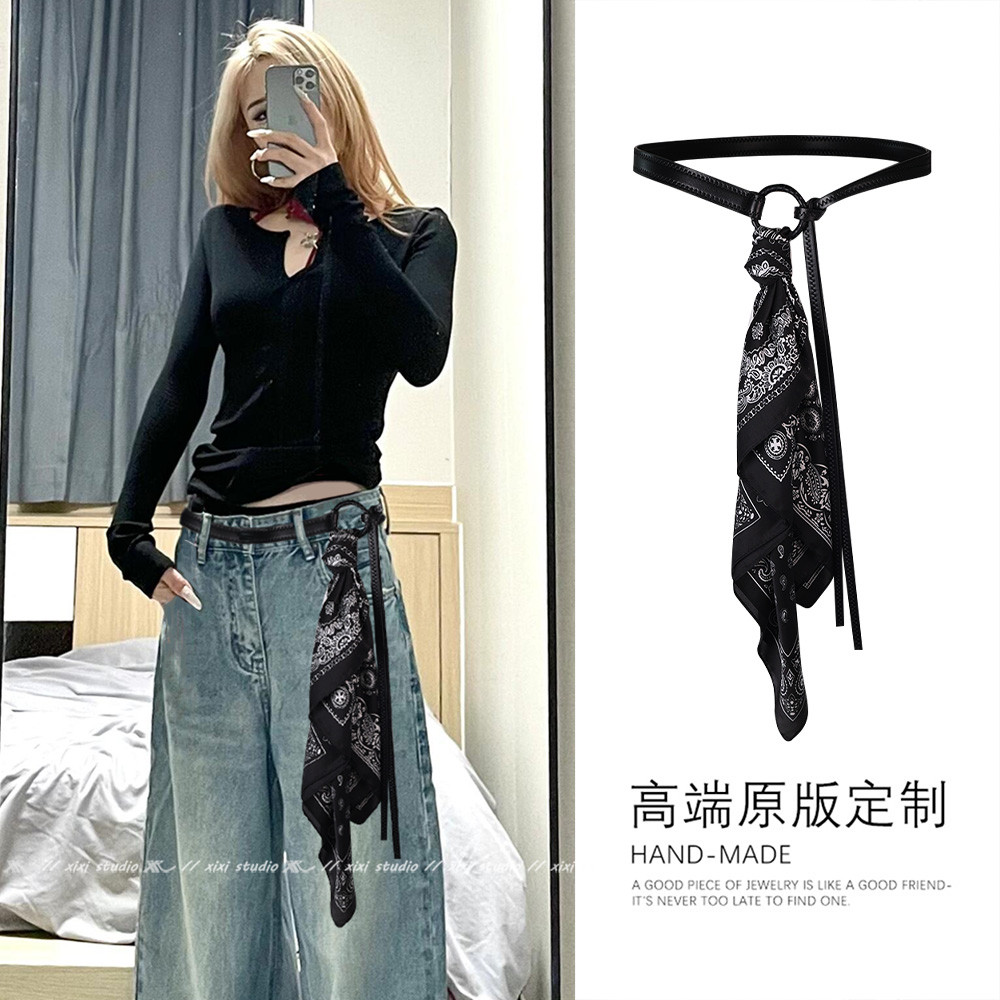 辣妹风黑色腰果花丝巾腰带高级感图片