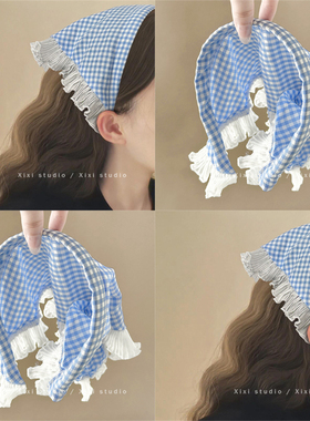 田园少女！包头边格子三角巾！可爱风蕾丝发带旅行发卡蓝色发箍女