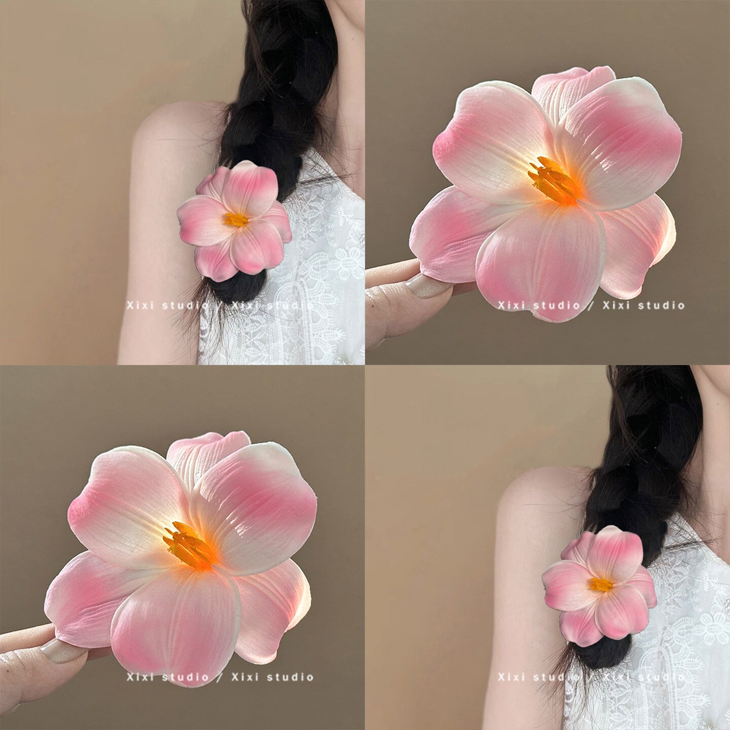 粉色渐变花朵发夹森系气质麻花辫装饰头花发饰甜美度假风边夹新品