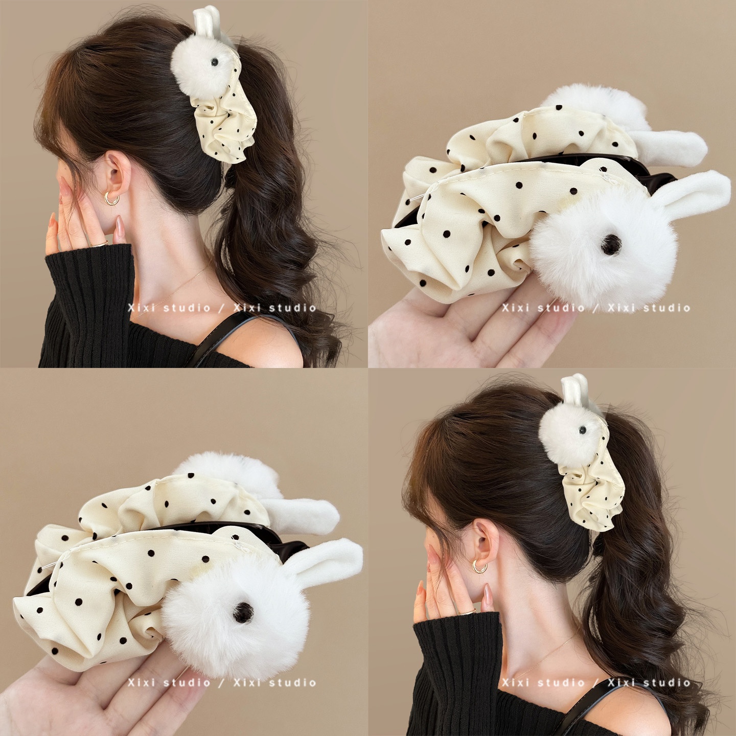 黑白波点毛绒兔子耳朵香蕉夹发饰
