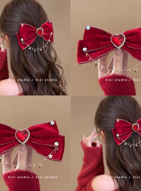 红色双层大蝴蝶结弹簧夹水钻爱心链条发饰新年公主风半扎发夹新品