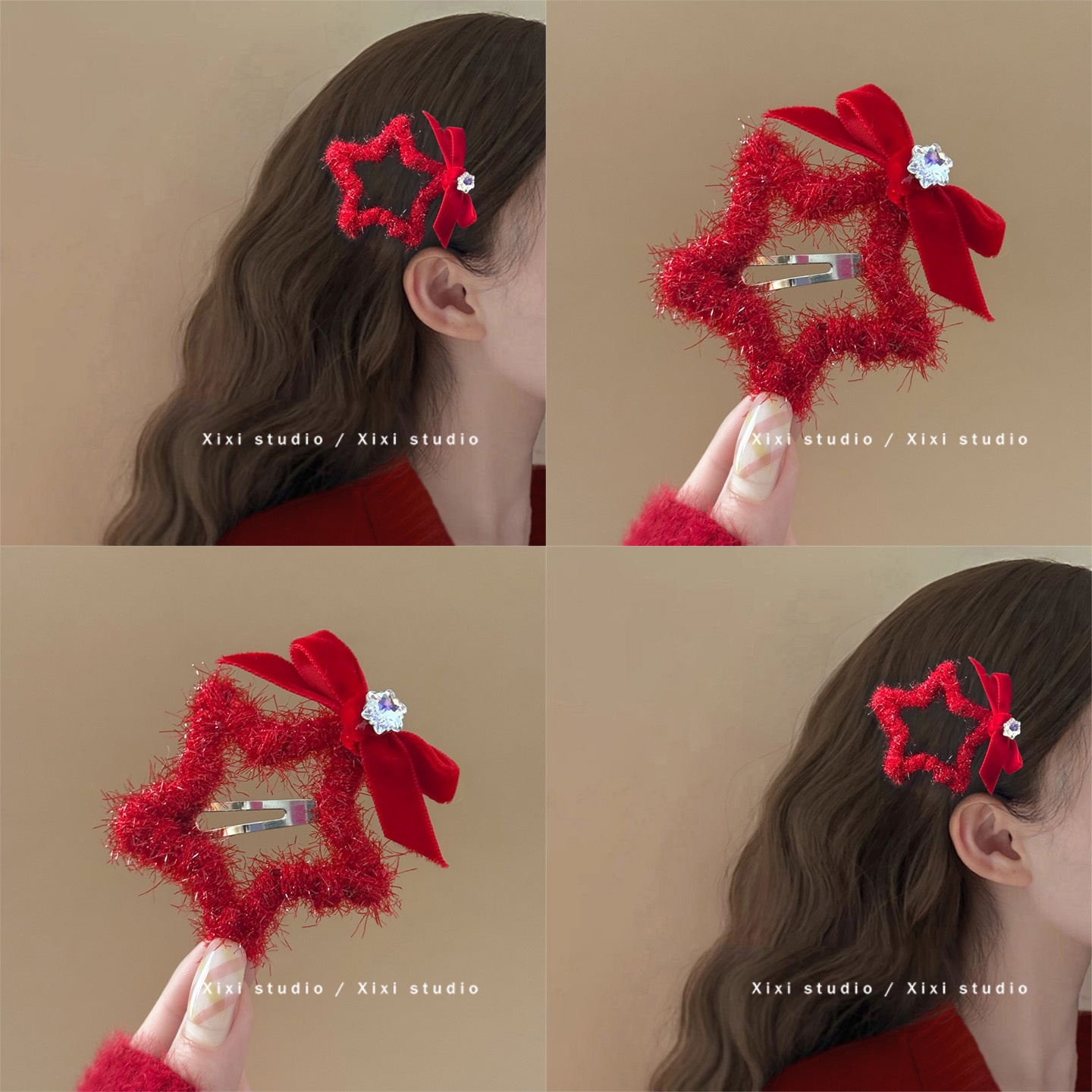 新年红色毛绒星星闪钻发夹发饰女